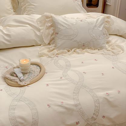 Romantic French Rose Flower Lace Ruffles Princess Duvet Cover, Egyptian Cotton 1000TC Bedding Set