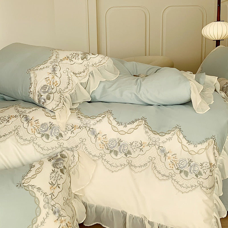 Pink Romantic French Princess Rose Lace Ruffles Duvet Cover, 1000TC Egyptian Cotton Bedding Set