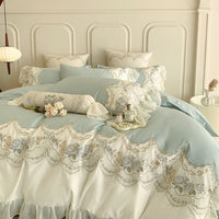 Thumbnail for Pink Romantic French Princess Rose Lace Ruffles Duvet Cover, 1000TC Egyptian Cotton Bedding Set