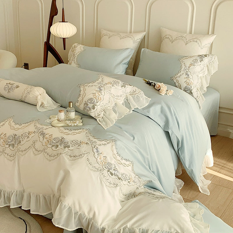 Pink Romantic French Princess Rose Lace Ruffles Duvet Cover, 1000TC Egyptian Cotton Bedding Set