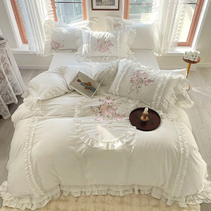 White Pink Rose Bouquet Embroidery Ruffles Patchwork Duvet Cover Set, Egyptian Cotton 1000TC Bedding Set
