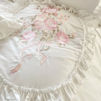 Thumbnail for White Pink Rose Bouquet Embroidery Ruffles Patchwork Duvet Cover Set, Egyptian Cotton 1000TC Bedding Set