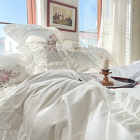 Thumbnail for White Pink Rose Bouquet Embroidery Ruffles Patchwork Duvet Cover Set, Egyptian Cotton 1000TC Bedding Set