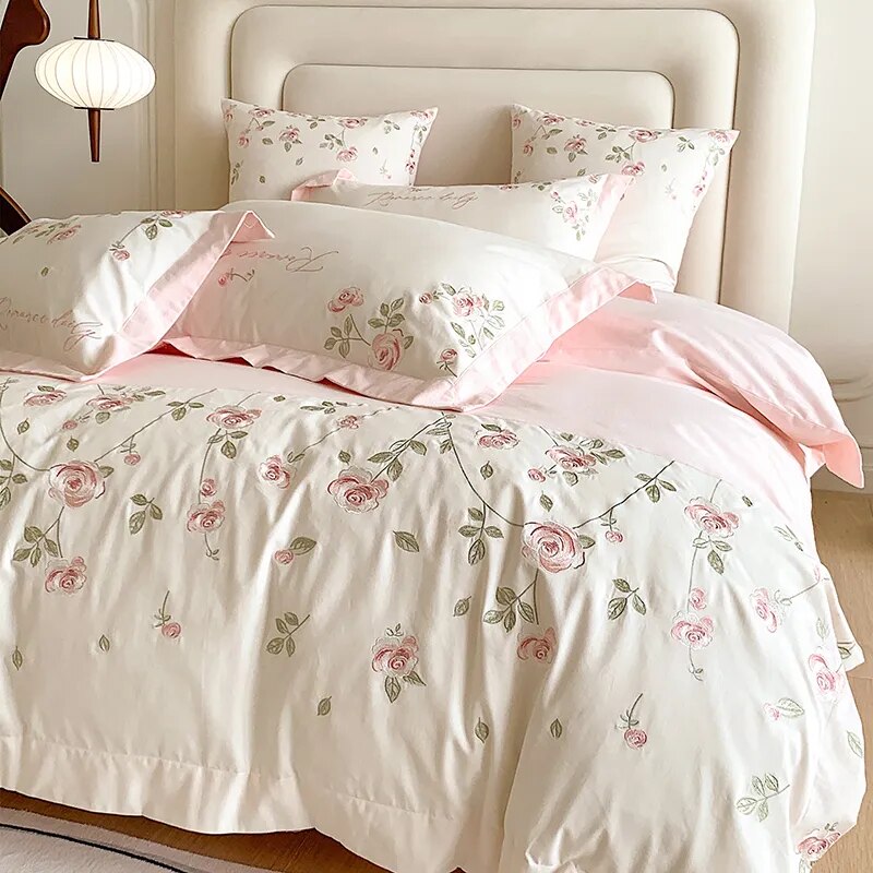 Garden Rose Flowers Embroidery White Pink Patchwork Duvet Cover Set, 1000TC Egyptian Cotton Bedding Set