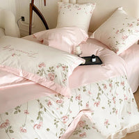 Thumbnail for Garden Rose Flowers Embroidery White Pink Patchwork Duvet Cover Set, 1000TC Egyptian Cotton Bedding Set