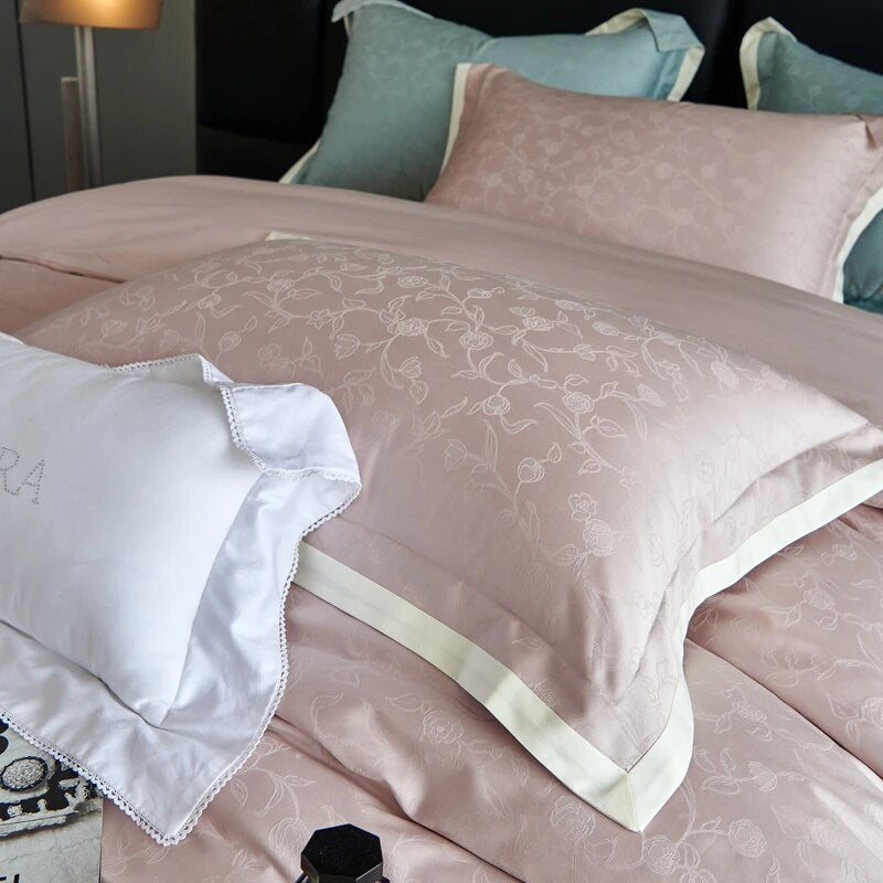 Pink Brown Luxury Jacquard European Silky Duvet Cover Set 1000TC Egyptian Cotton Bedding Set