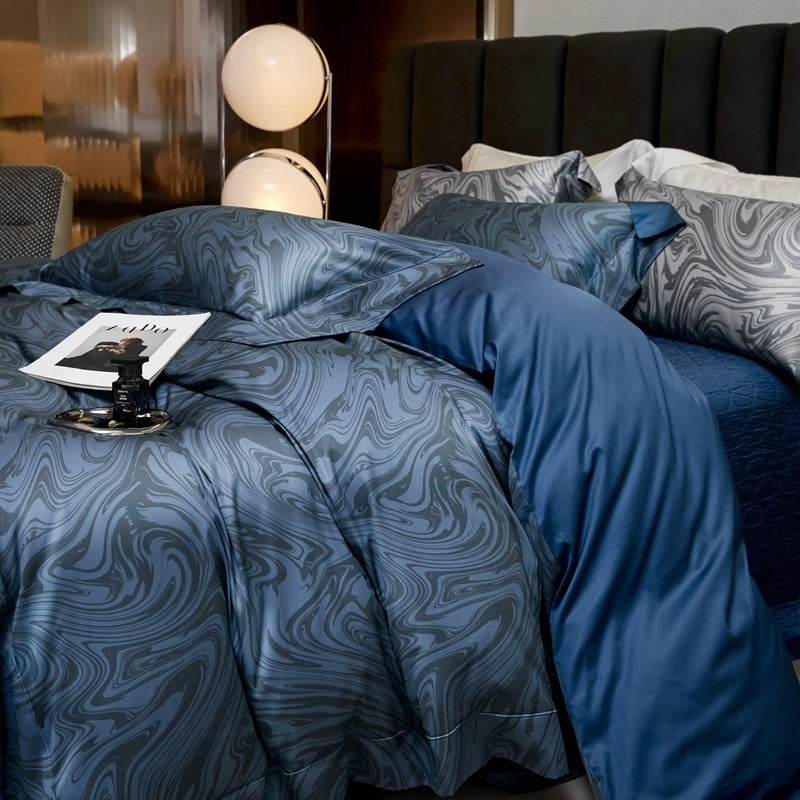 Premium Wave Marble Blue Grey Egyptian Cotton 1000TC Soft Silky Duvet Cover Bedding Set