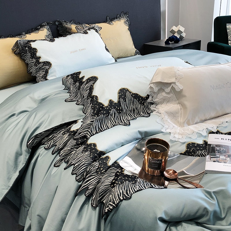 Premium Yellow Black Zebra Lace Embroidery Duvet Cover Set, Egyptian Cotton 1000TC Bedding Set