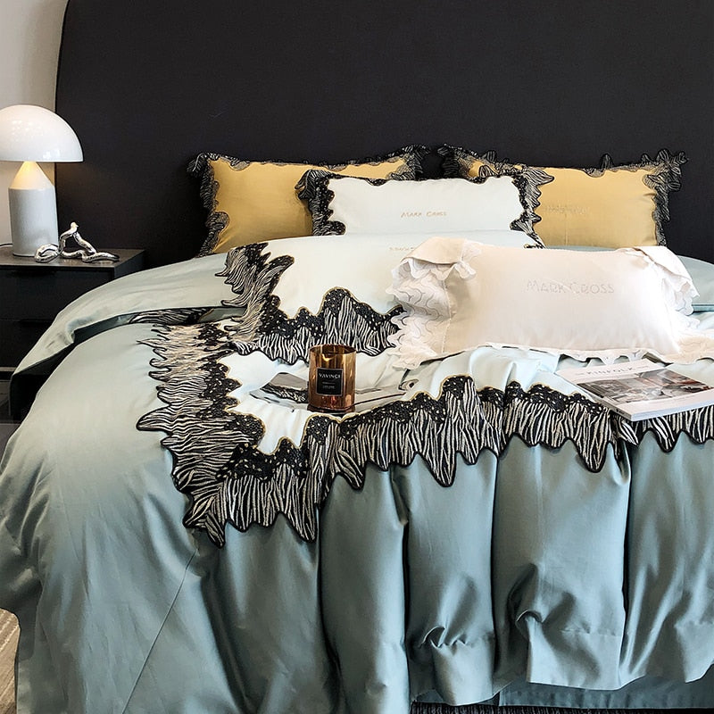 Premium Yellow Black Zebra Lace Embroidery Duvet Cover Set, Egyptian Cotton 1000TC Bedding Set