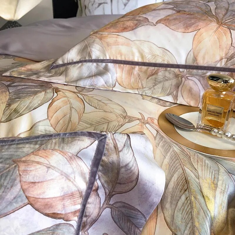 Beauty Tropical Leaves Nature Soft Duvet Cover Set, 1000TC Eucalyptus Lyocell Fabric Bedding Set