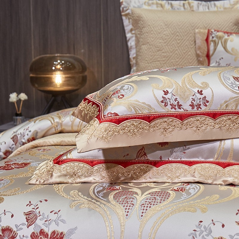 European Luxury Red Gold Cotton 1000TC Embroidered Satin Jacquard Duvet Cover Bedding Set