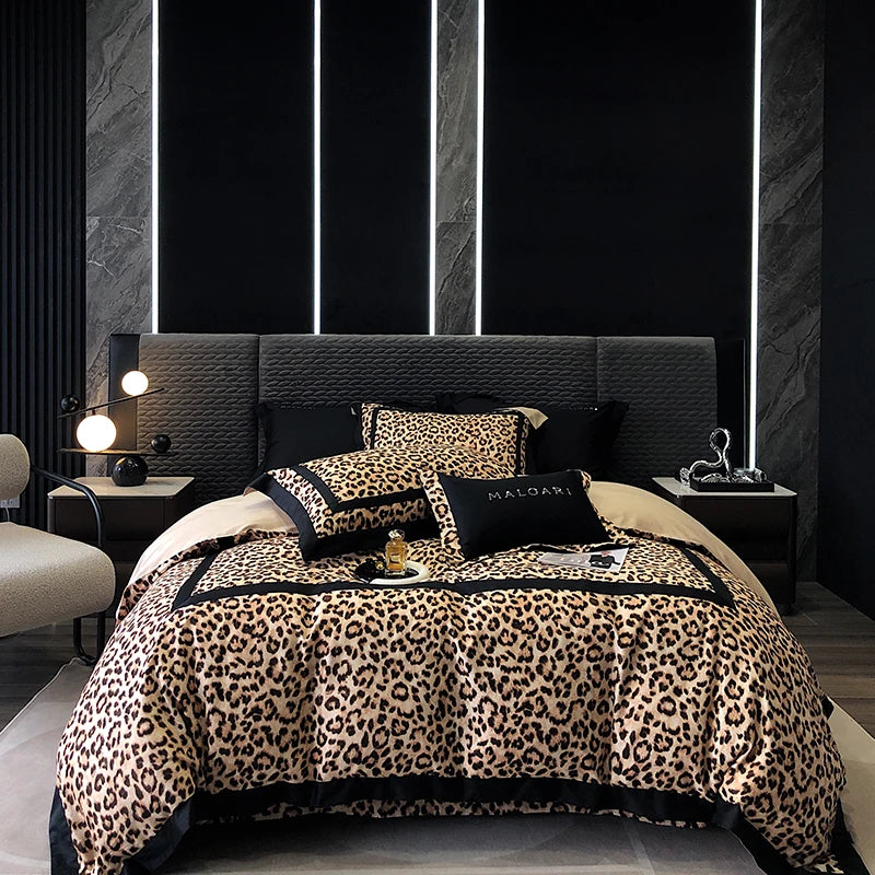 Brown Leopard Print 1000TC Lyocell Cotton Brushed Sexy Silky Duvet Cover Bedding Set