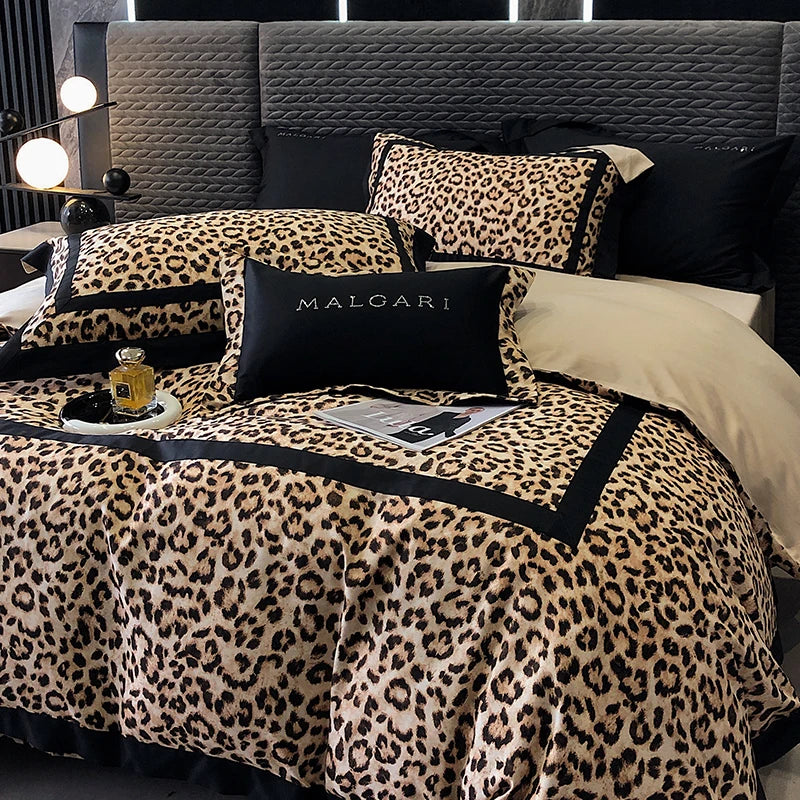 Brown Leopard Print 1000TC Lyocell Cotton Brushed Sexy Silky Duvet Cover Bedding Set