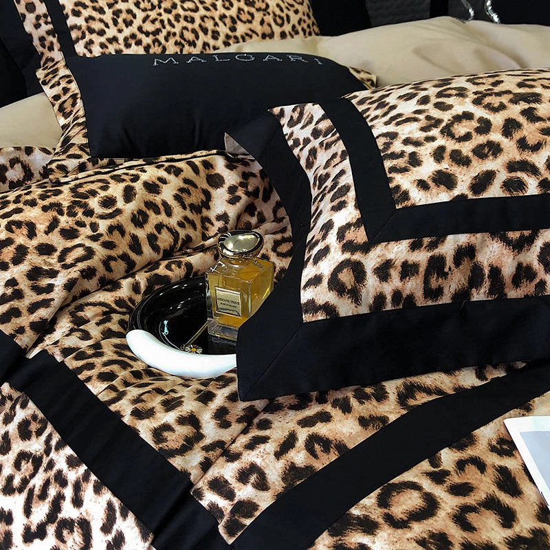 Brown Leopard Print 1000TC Lyocell Cotton Brushed Sexy Silky Duvet Cover Bedding Set