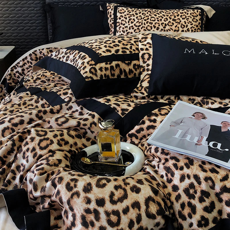 Brown Leopard Print 1000TC Lyocell Cotton Brushed Sexy Silky Duvet Cover Bedding Set