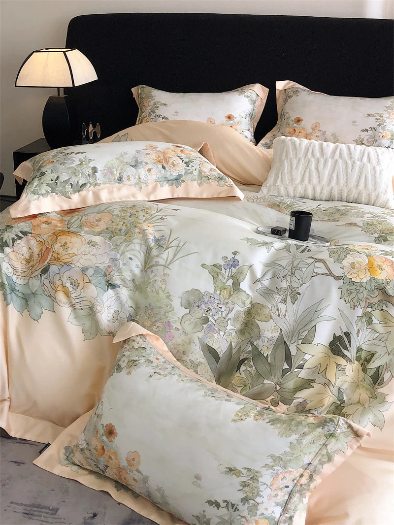 Premium Chic Flower Print 1000TC Lyocell Cotton High Quality Silky Duvet Cover Bedding Set