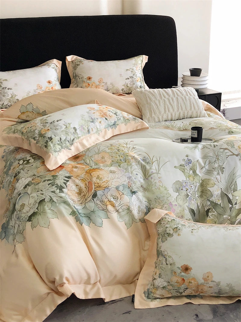 Premium Chic Flower Print 1000TC Lyocell Cotton High Quality Silky Duvet Cover Bedding Set