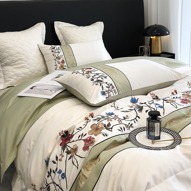 Luxury Green Rose American Flowers Embroidered Duvet Cover Set, 1000TC Egyptian Cotton Bedding Set