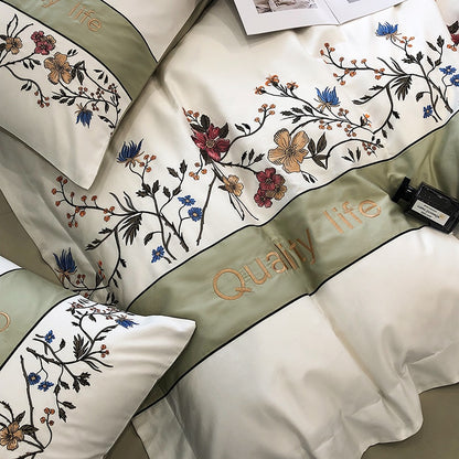 Luxury Green Rose American Flowers Embroidered Duvet Cover Set, 1000TC Egyptian Cotton Bedding Set