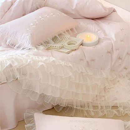 Pink White Flowers Embroidery Ruffles Wedding Duvet Cover Set, Egyptian Cotton1000TC Bedding Set