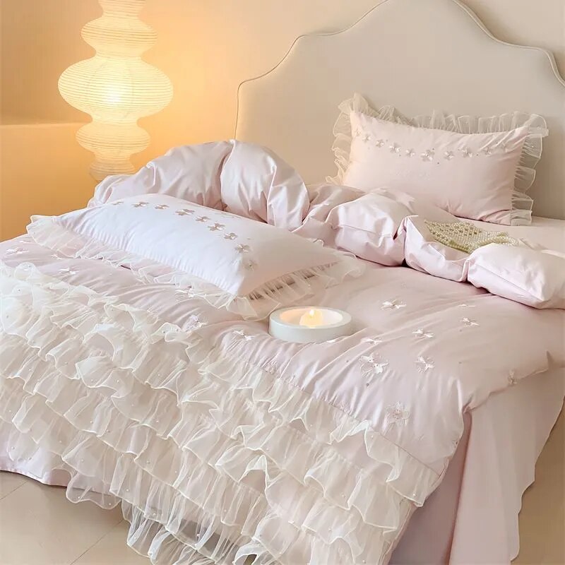 Pink White Flowers Embroidery Ruffles Wedding Duvet Cover Set, Egyptian Cotton1000TC Bedding Set