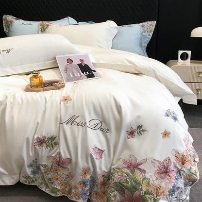 Pink White Lilly Flower Embroidery Egyptian Cotton Luxury Duvet Cover Bedding Set