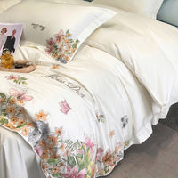 Thumbnail for Pink White Lilly Flower Embroidery Egyptian Cotton Luxury Duvet Cover Bedding Set