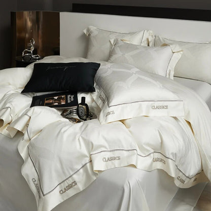 White Emeralds Jacquard Luxury Hi Class Embroidery Silky Duvet Cover, 1000TC Egyptian Cotton Bedding Set