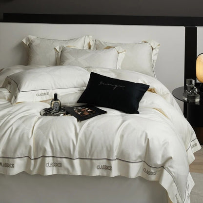 White Emeralds Jacquard Luxury Hi Class Embroidery Silky Duvet Cover, 1000TC Egyptian Cotton Bedding Set