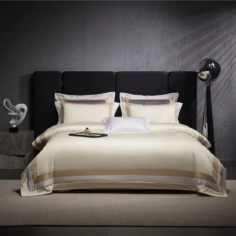 Luxury Creamy Gold Hotel Grade Long Striped Duvet Cover, Egyptian Cotton 1000TC Bedding Set