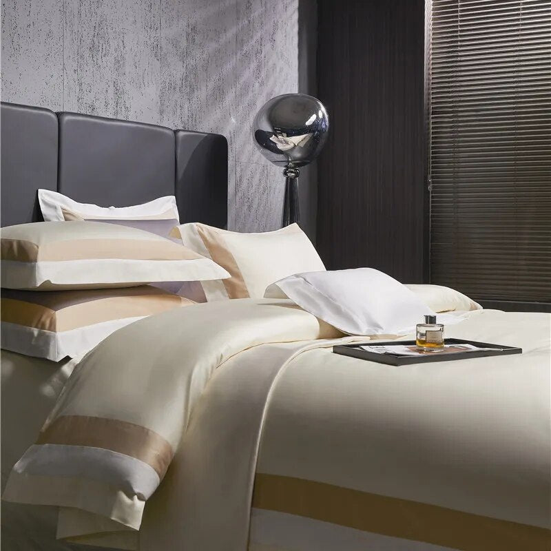 Luxury Creamy Gold Hotel Grade Long Striped Duvet Cover, Egyptian Cotton 1000TC Bedding Set