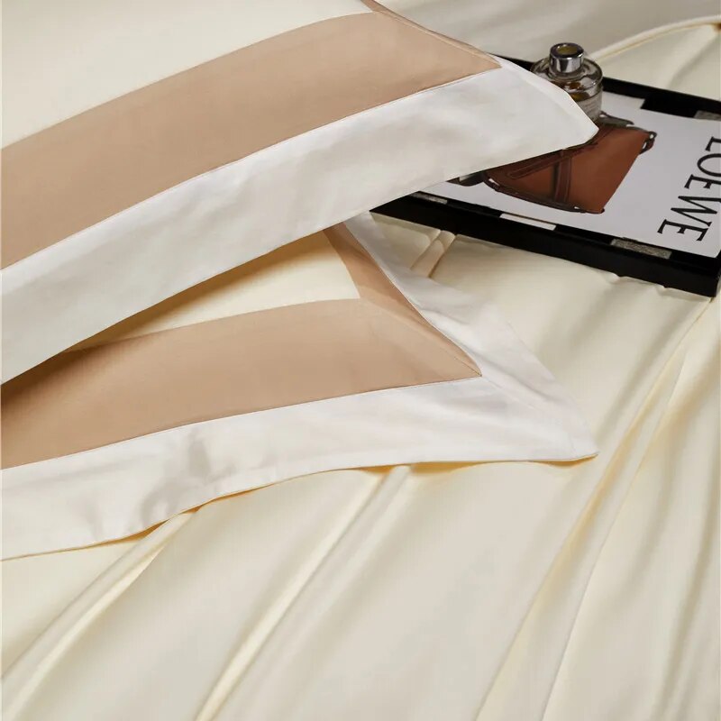 Luxury Creamy Gold Hotel Grade Long Striped Duvet Cover, Egyptian Cotton 1000TC Bedding Set