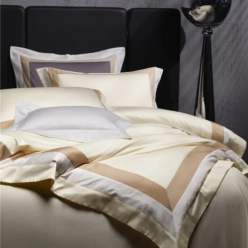 Luxury Creamy Gold Hotel Grade Long Striped Duvet Cover, Egyptian Cotton 1000TC Bedding Set