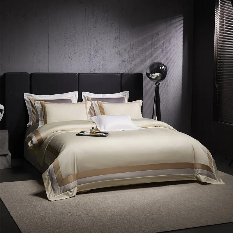 Luxury Creamy Gold Hotel Grade Long Striped Duvet Cover, Egyptian Cotton 1000TC Bedding Set