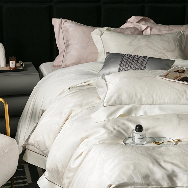 White Pink Luxury Satin Jacquard Wedding Silky Soft Duvet Cover Set 1000TC Egyptian Cotton Bedding Set