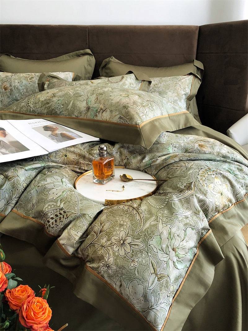 Luxury Green Patchwork Floral Digital Printing Duvet Cover Set, 1000TC Egyptian Cotton Bedding Set