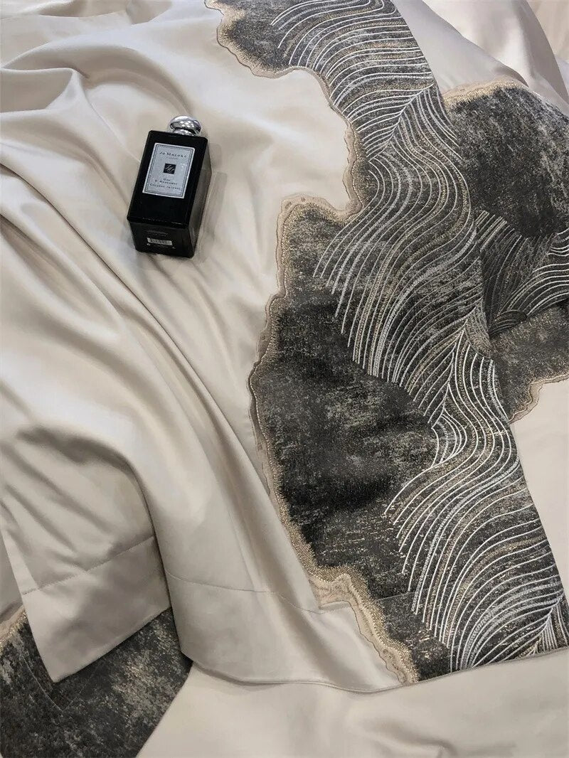 Marble Art Blue Grey Premium Embroidery Duvet Cover Set, 1200TC Egyptian Cotton Bedding Set
