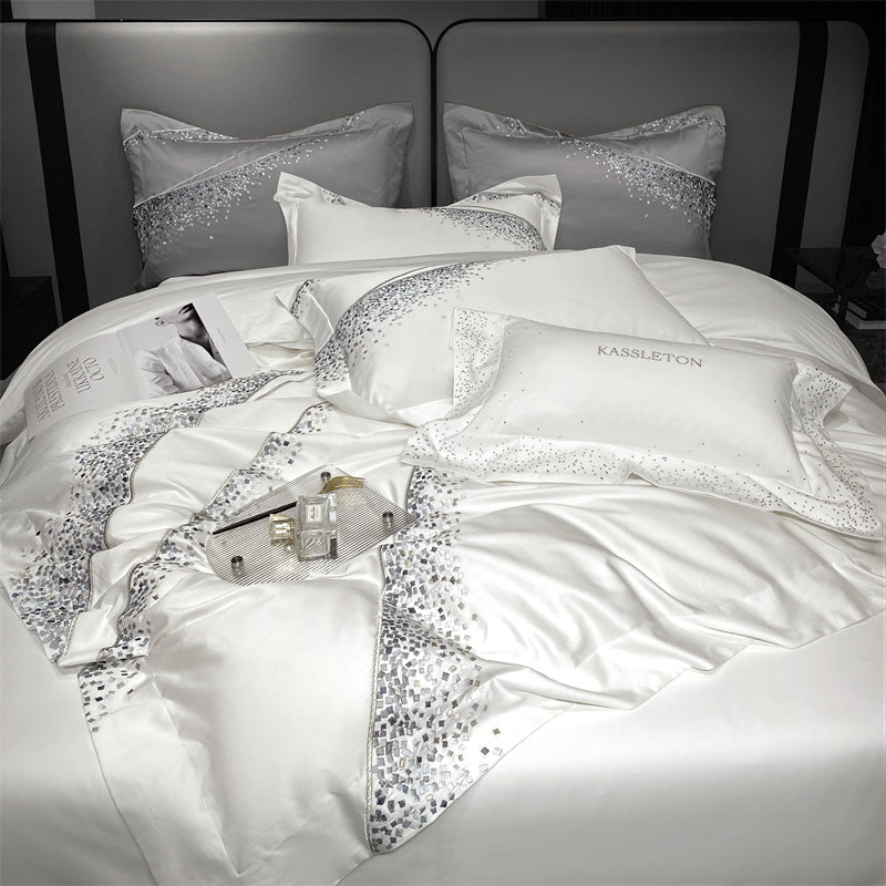 Luxury Silver White Chic Wedding Soft Satin Silky Duvet Cover Set, 1200TC Egyptian Cotton Bedding Set