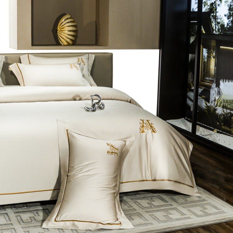 Gold White Embroidered Luxury Europe Egyptian Cotton 1200TC Hotel Grade Soft Silky Duvet Cover Bedding Set