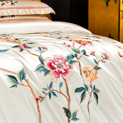 Luxury Red Brown Oriental Flower Embroidered Duvet Cover, Egyptian Cotton 1200TC Bedding Set