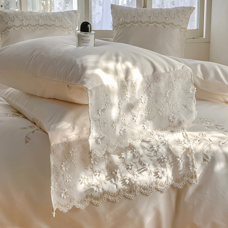 White Princess Orchid Relax Wedding Lace Ruffles Duvet Cover, 1200TC Egyptian Cotton Bedding Set