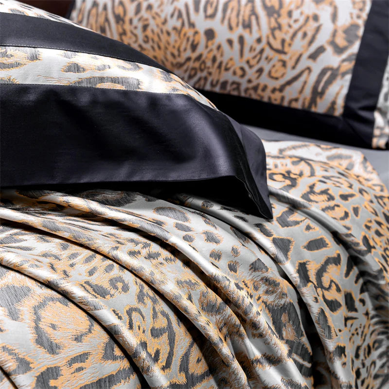 Luxury Black Europe Sexy Leopard Print Silky Soft Duvet Cover Set 1400TC Egyptian Cotton Bedding Set