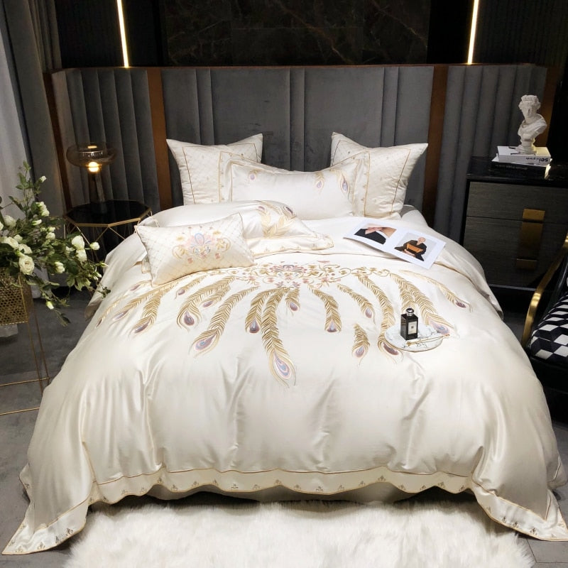 Premium Gold Tail Peacock Feather Embroidered Duvet Cover, Egyptian Cotton 1400 Thread Count Bedding Set