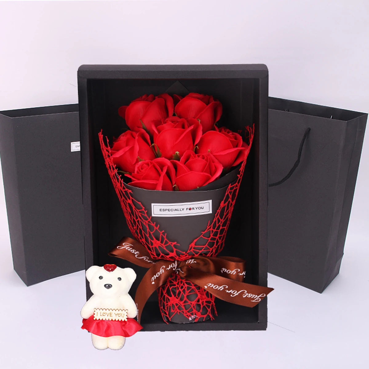 Pink Red Rose Soap Handmade Bouquet Little Bear Gift Box Birthday Party Artificial Flora