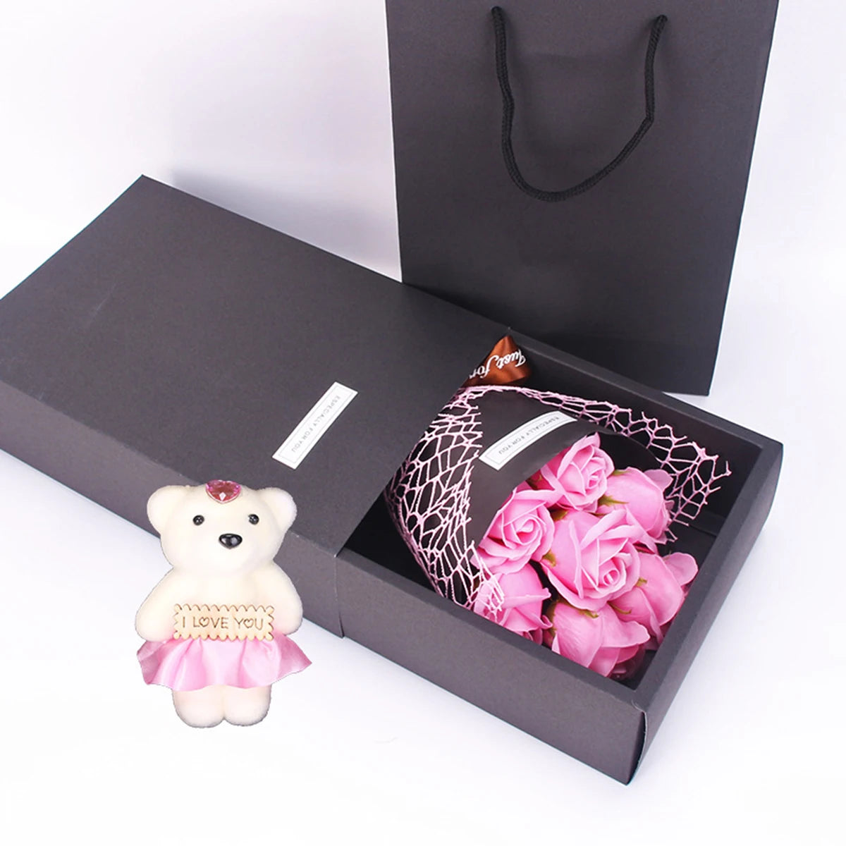 Pink Red Rose Soap Handmade Bouquet Little Bear Gift Box Birthday Party Artificial Flora