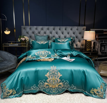 Luxury White Gold Feather Peacock Soft Silky Embroidered Duvet Cover Set, 600TC Satin Silk Cotton Bedding Set