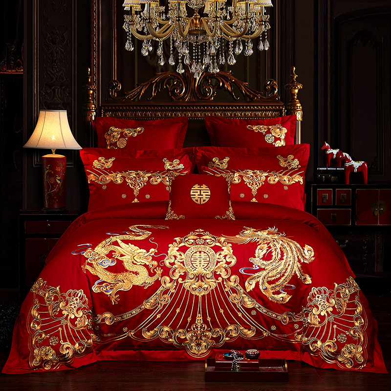 Premium Gold Red Phoenix Dragon European Wedding Duvet Cover Set, Cotton Fabric Bedding Set