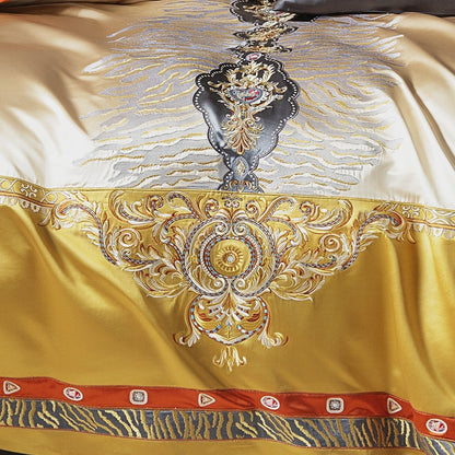 Luxury Gold Red Jacquard Palace Embroidered Duvet Cover Set, Silk Cotton 800 Thread Count Bedding Set