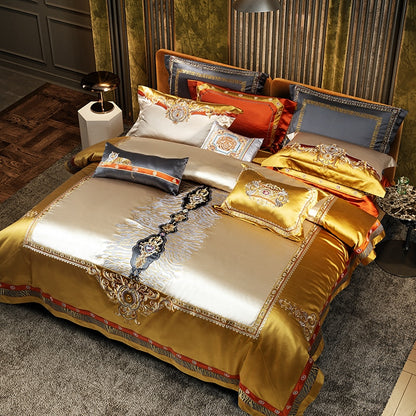 Luxury Gold Red Jacquard Palace Embroidered Duvet Cover Set, Silk Cotton 800 Thread Count Bedding Set