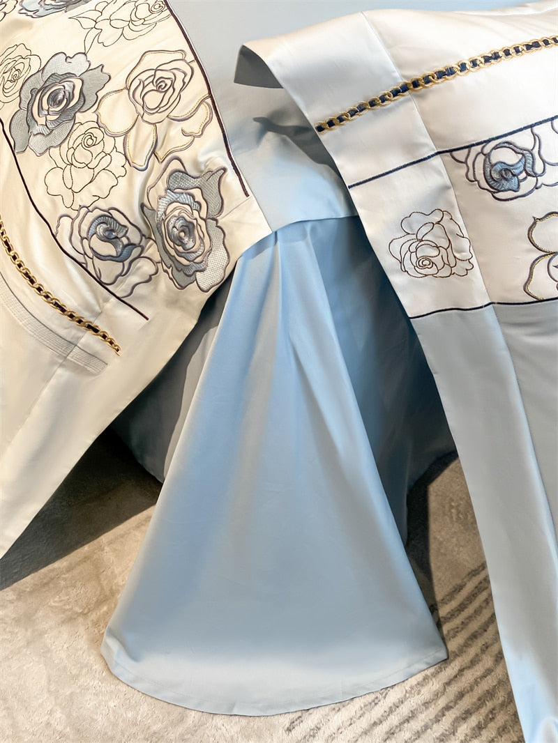Blue White Rose Luxury Flowers Princess Duvet Cover Set, 100% Egyptian Cotton Bedding Set